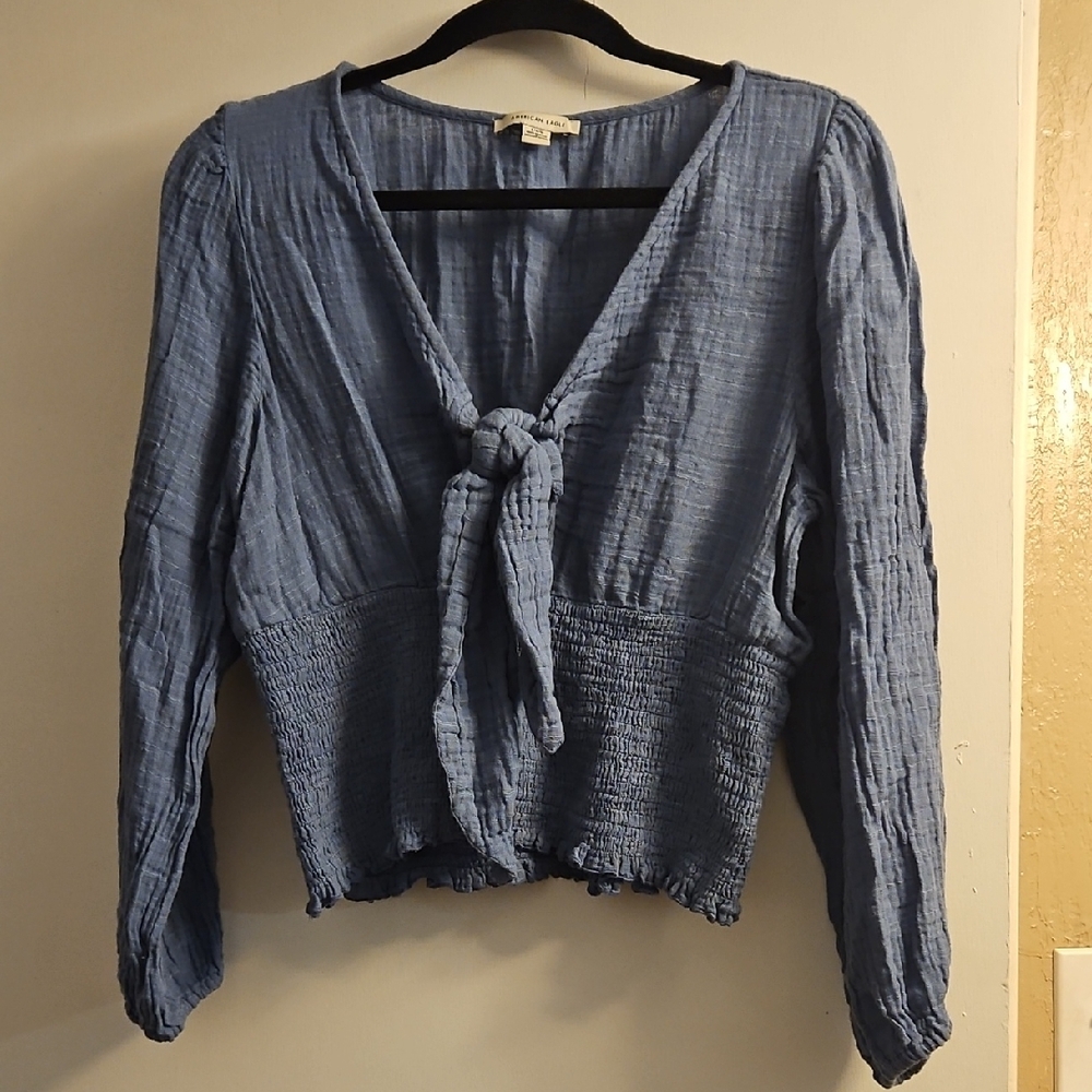 American Eagle Outfitters Blue Smocked Tie Front Blouse